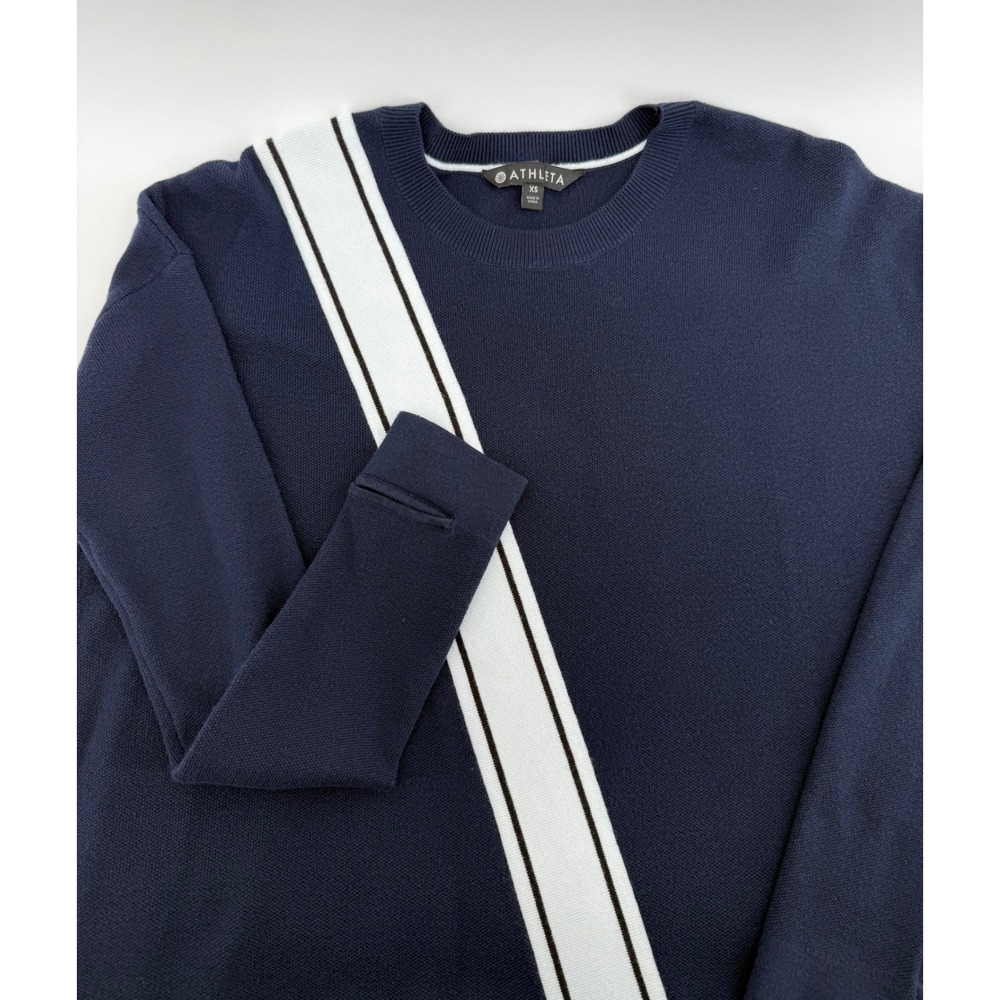 Athleta Womens XS Navy Blue Diagonal Stripe Thumbhole Crewneck Sweater RN 54023